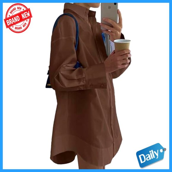 Casual Shirt Dress Collar V Neck Button Down Loose Long Sleeve Mini Dress - Picture 2 of 7